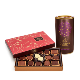 Godiva Dark Chocolate Hot Cocoa Tin & Chocolate Biscuit Gift Box and Ballotin, 32 pc White, Milk Chocolate