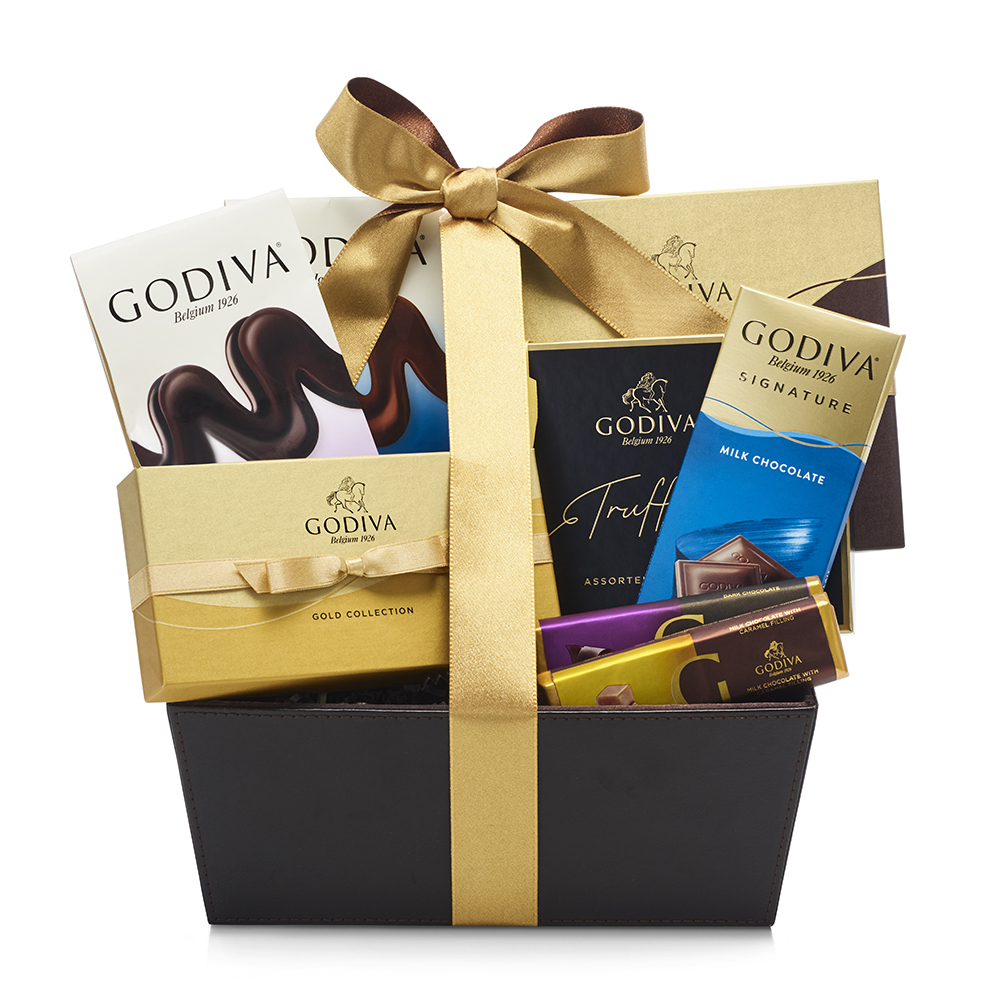 Godiva Pure Bliss Chocolate Gift Basket, Classic Ribbon Dark, Milk Chocolate Ganache Bliss Caramel Embrace